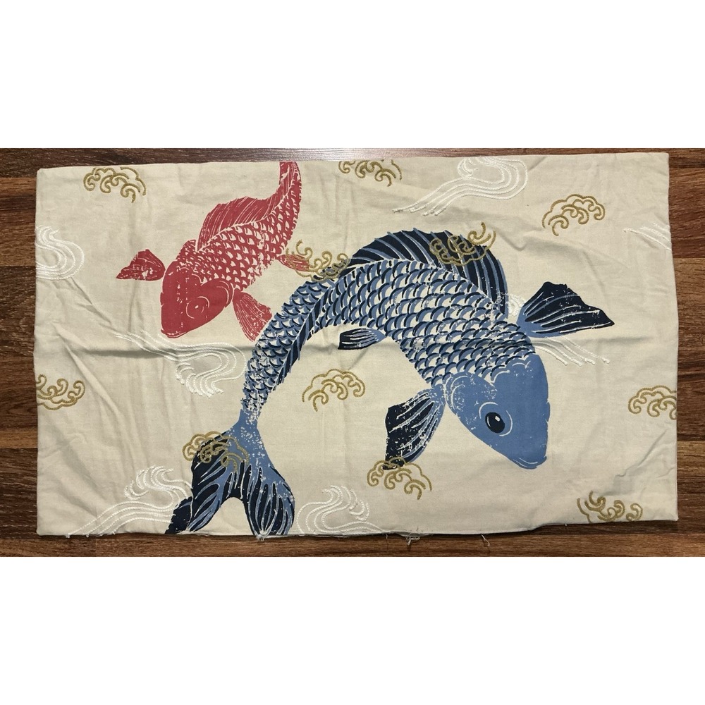 Japanese Style Red & Blue Koi Fish Embroidered Motifs Pillow Cover 26in X 15in